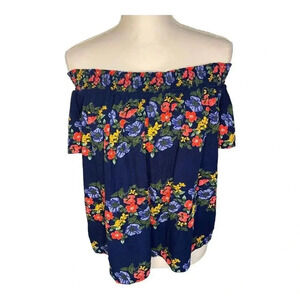 Old Navy Women's‎ Medium Blue Hawaiian Print Off The Shoulder Blouse
